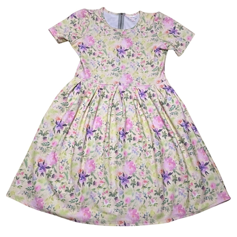 LuLaRoe Womens Amelia Dress XL Pastel Purple Pink Roses Floral Pleated Pockets